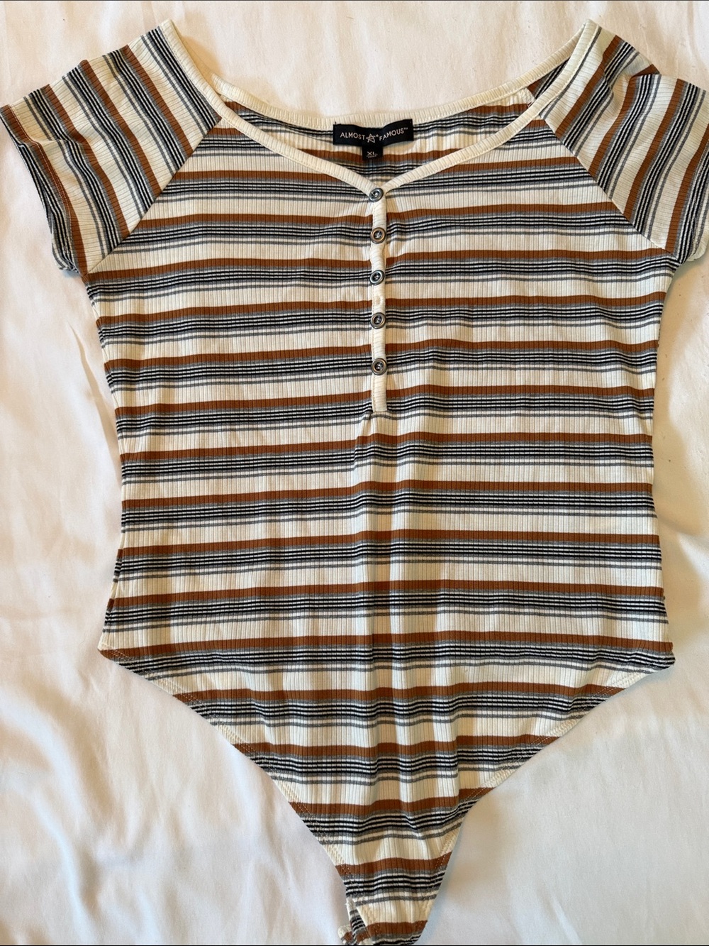 Almost Famous Cream, Brown & Black Striped Ribbed Henley Bodysuit